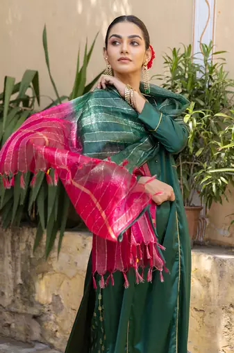 Forest green satin a-line kurta set with ombre dupatta