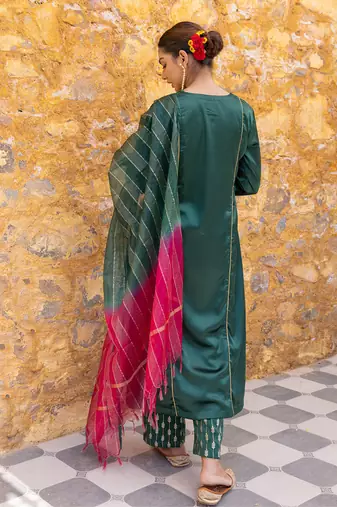 Forest green satin a-line kurta set with ombre dupatta