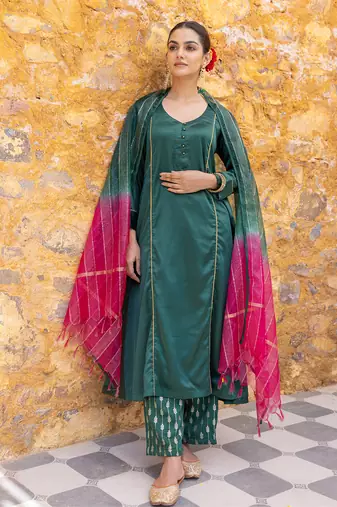 Forest green satin a-line kurta set with ombre dupatta