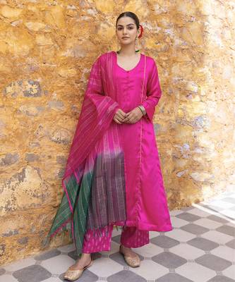Fuchsia pink satin a-line kurta set with ombre dupatta 1
