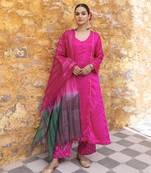 Fuchsia pink satin a-line kurta set with ombre dupatta