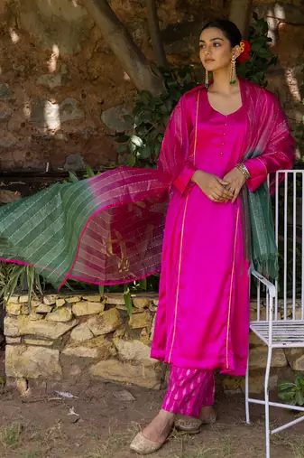 Fuchsia pink satin a-line kurta set with ombre dupatta