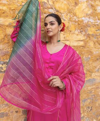 Fuchsia pink satin a-line kurta set with ombre dupatta 3