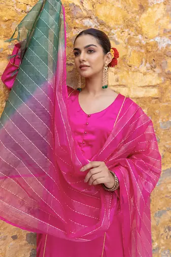 Fuchsia pink satin a-line kurta set with ombre dupatta