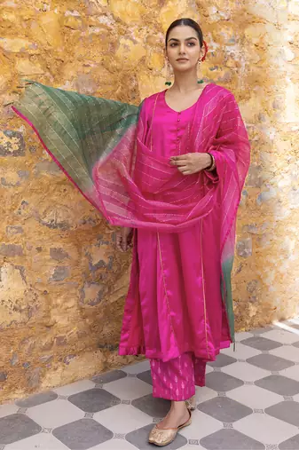 Fuchsia pink satin a-line kurta set with ombre dupatta