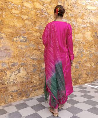 Fuchsia pink satin a-line kurta set with ombre dupatta 5