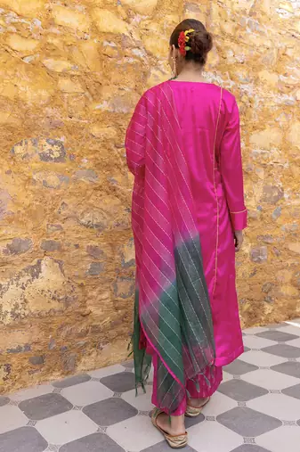 Fuchsia pink satin a-line kurta set with ombre dupatta