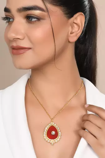 Gold plated red stone chain necklace