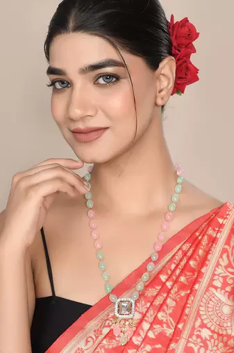 Gold plated pink & green necklace