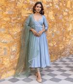 Powder blue pleated anarkali set with embroidered dupatta