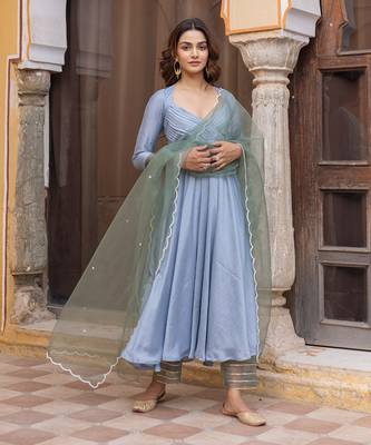 Powder blue pleated anarkali set with embroidered dupatta 2
