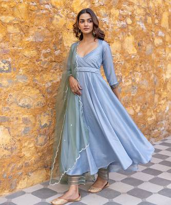 Powder blue pleated anarkali set with embroidered dupatta 3