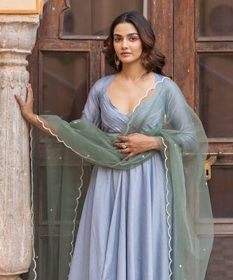Powder blue pleated anarkali set with embroidered dupatta 4