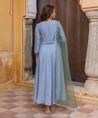 Powder blue pleated anarkali set with embroidered dupatta 5