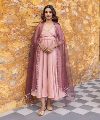 Peach pleated anarkali set with embroidered dupatta 1