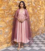 Peach pleated anarkali set with embroidered dupatta