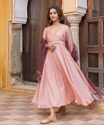 Peach pleated anarkali set with embroidered dupatta 2