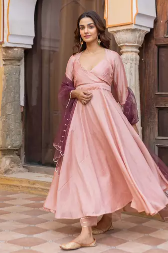 Peach pleated anarkali set with embroidered dupatta