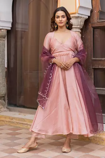 Peach pleated anarkali set with embroidered dupatta