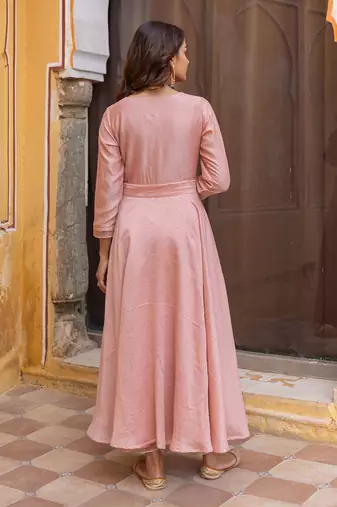 Peach pleated anarkali set with embroidered dupatta