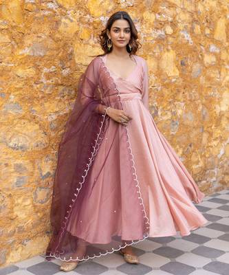 Peach pleated anarkali set with embroidered dupatta 5