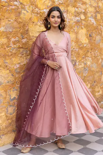 Peach pleated anarkali set with embroidered dupatta