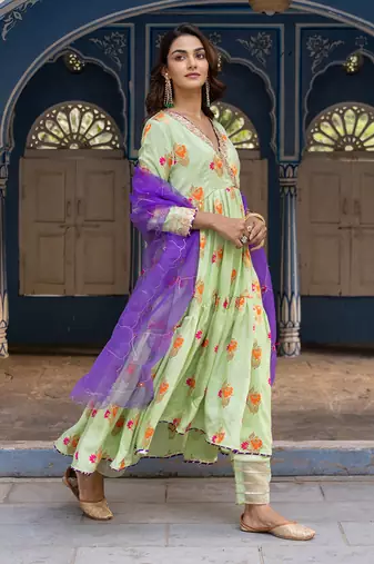 Mint green flared anarkali set with zari floral embroidered motifs