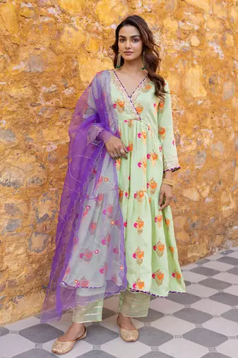 Mint green flared anarkali set with zari floral embroidered motifs