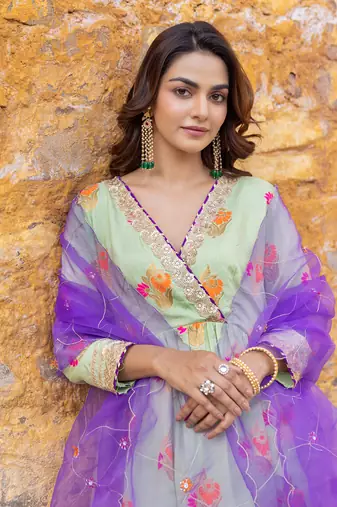 Mint green flared anarkali set with zari floral embroidered motifs