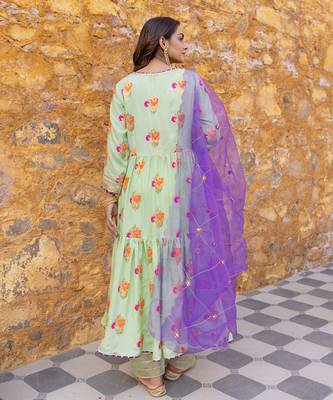 Mint green flared anarkali set with zari floral embroidered motifs 5