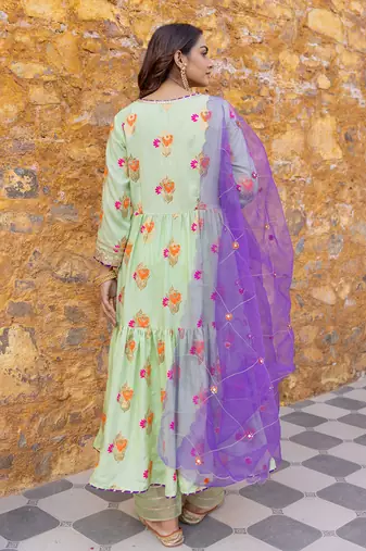 Mint green flared anarkali set with zari floral embroidered motifs