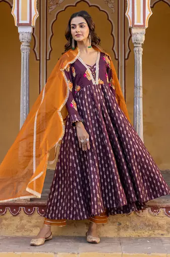 Brown anarkali set with floral embroidered motifs