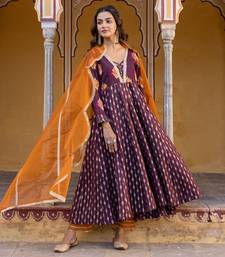Brown anarkali set with floral embroidered motifs