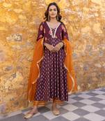 Brown anarkali set with floral embroidered motifs