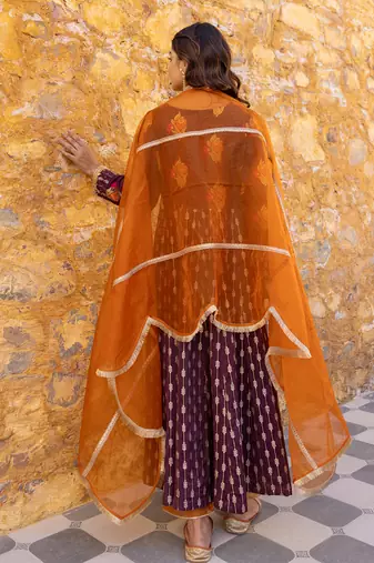 Brown anarkali set with floral embroidered motifs