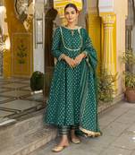 Emerald green chanderi anarkali set with organza dupatta