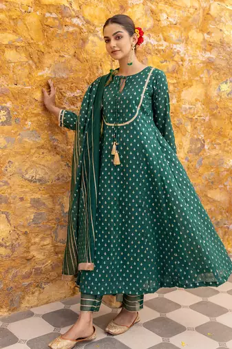 Emerald green chanderi anarkali set with organza dupatta