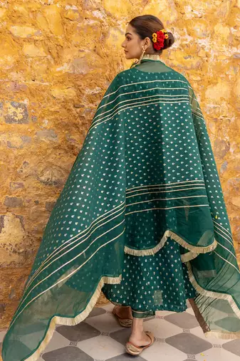 Emerald green chanderi anarkali set with organza dupatta