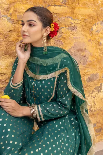 Emerald green chanderi anarkali set with organza dupatta