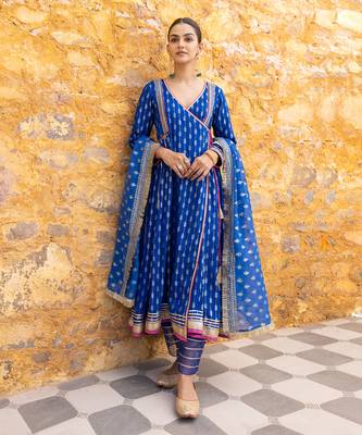 Royal blue angarkha anarkali set with embroidered dupatta 2