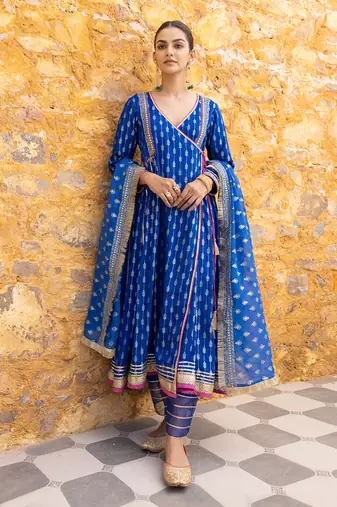 Royal blue angarkha anarkali set with embroidered dupatta