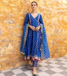 Royal blue angarkha anarkali set with embroidered dupatta