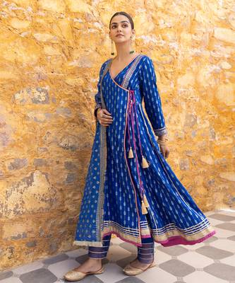 Royal blue angarkha anarkali set with embroidered dupatta 3