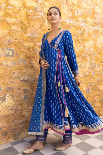 Royal blue angarkha anarkali set with embroidered dupatta