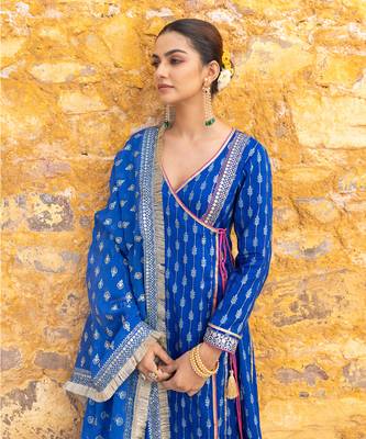 Royal blue angarkha anarkali set with embroidered dupatta 4