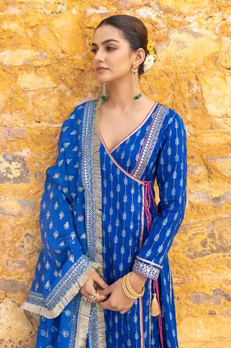Royal blue angarkha anarkali set with embroidered dupatta