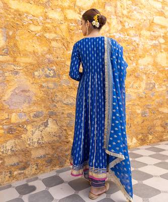 Royal blue angarkha anarkali set with embroidered dupatta 5