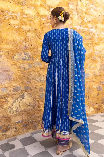 Royal blue angarkha anarkali set with embroidered dupatta