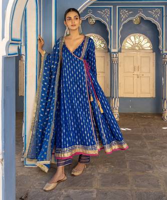 Royal blue angarkha anarkali set with embroidered dupatta 1