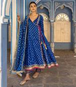 Royal blue angarkha anarkali set with embroidered dupatta